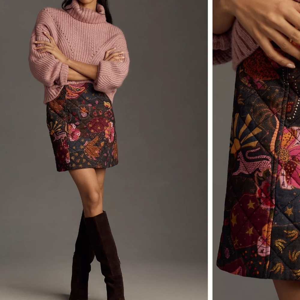 Farm Rio For Anthropologie Quilted Mini Skirt Celestial Animals